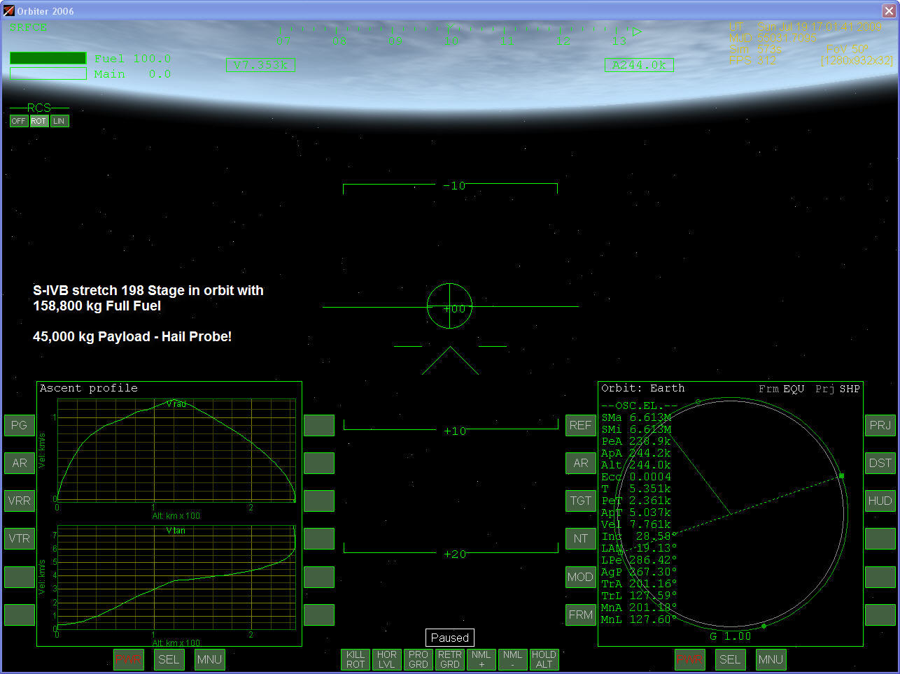 244 x 238 x 28 Incl Orbit with 100% fuel remianing in stage 3 S-IVB stretch 198.