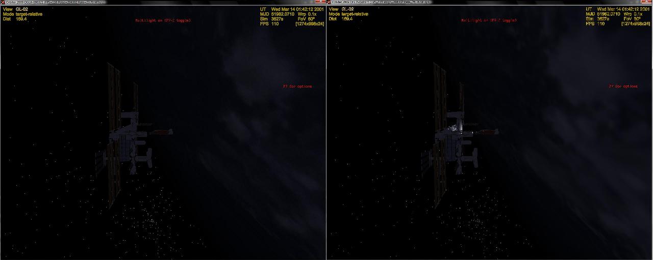 3-25-09, 10.1, In the left picture is the deltaglider docked with the iss. On the right is the same image but with the lights on. Its hard to see in h