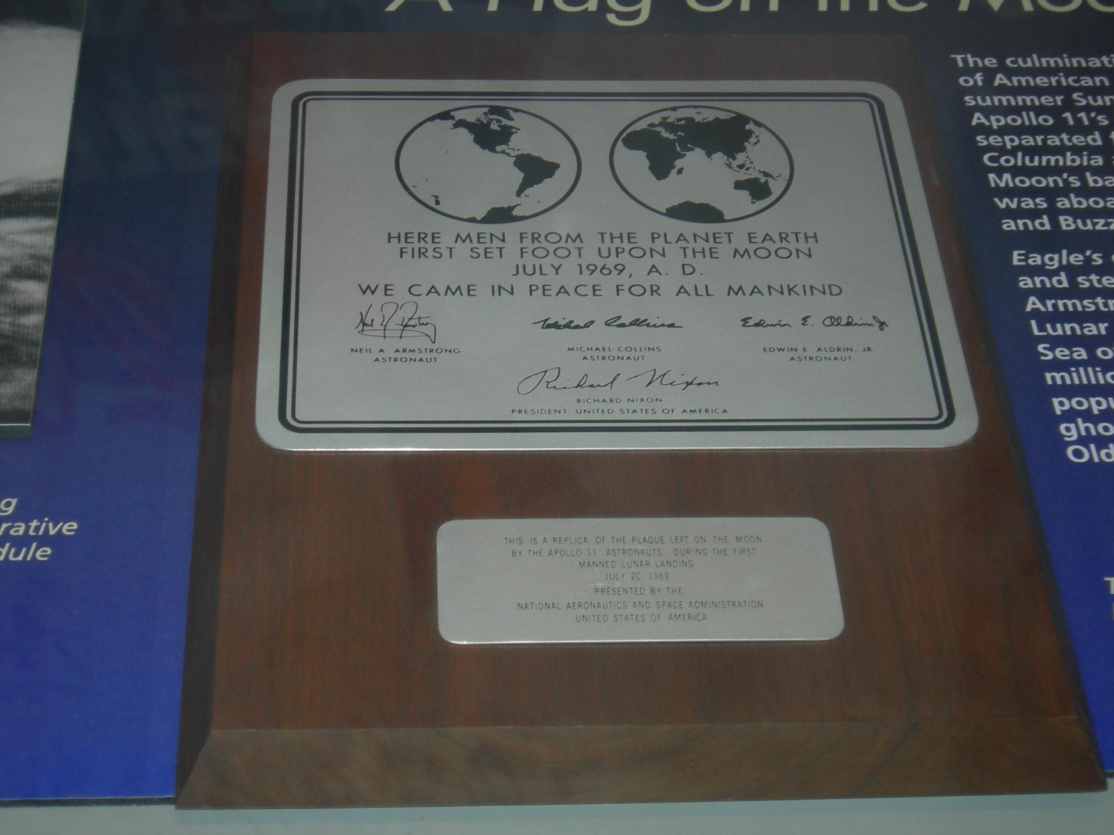 A replica of the plaque left by Neil Armstrong and Buzz Aldrin on the moon