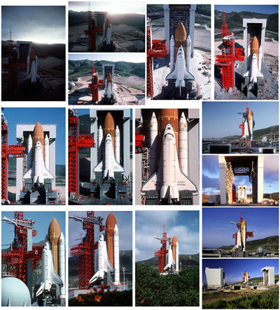 A space shuttle stands at SLC-6
 
The space shuttle Enterprise stands fully assembled with its external fuel tank and solid rocket boosters atop Ameri