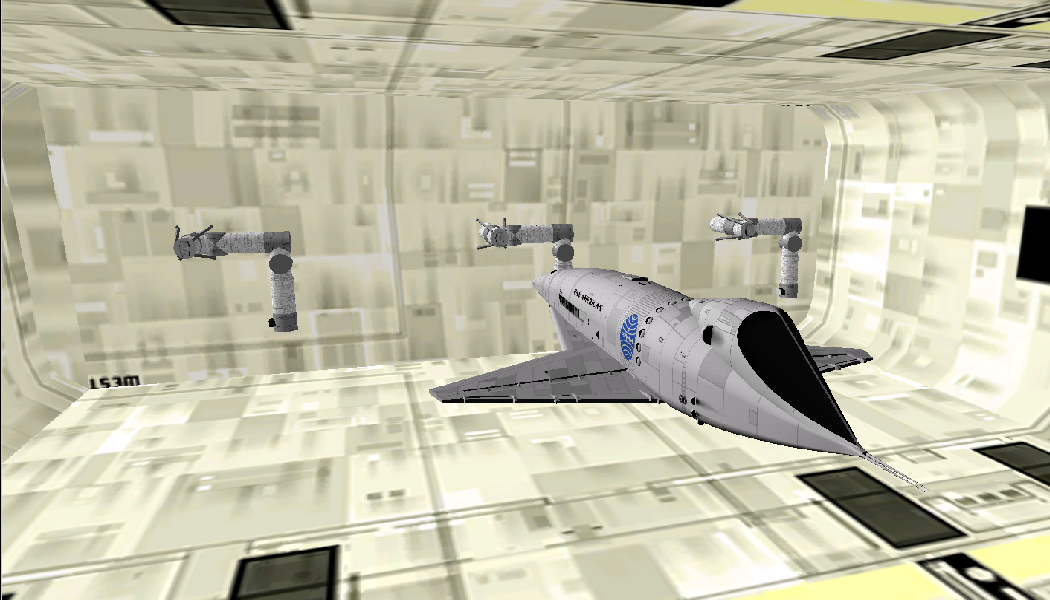a spaceship in the docking bay of the 2001 station