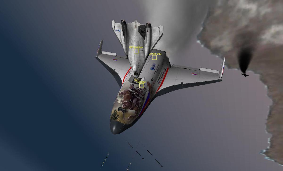 Air to air docking - XR5 hovering on main engines, and XR2 horizontal hover.