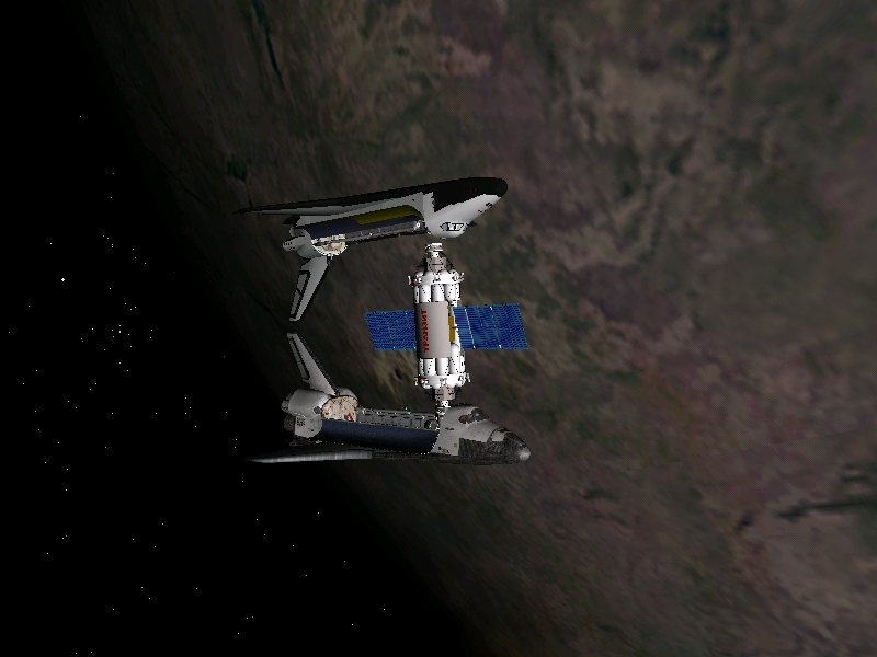American and Russian Space Shuttles docked in Orbit, through the Tranzit module (by Kulch)