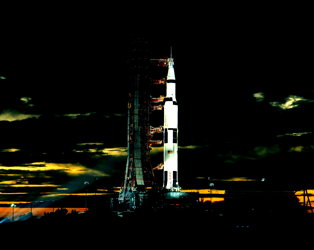 Apollo 17 Saturn V during sunrise (edited).