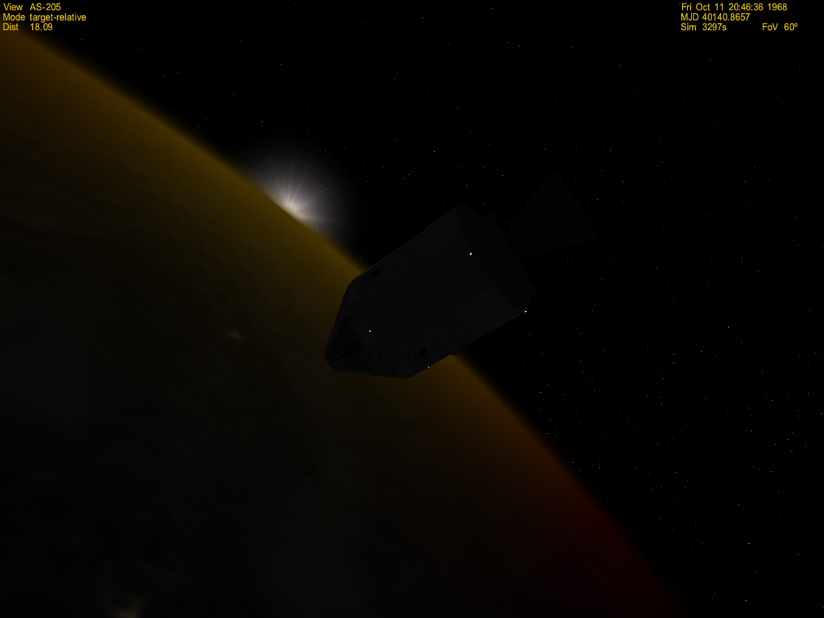 Apollo 7 riding from the sunlight.