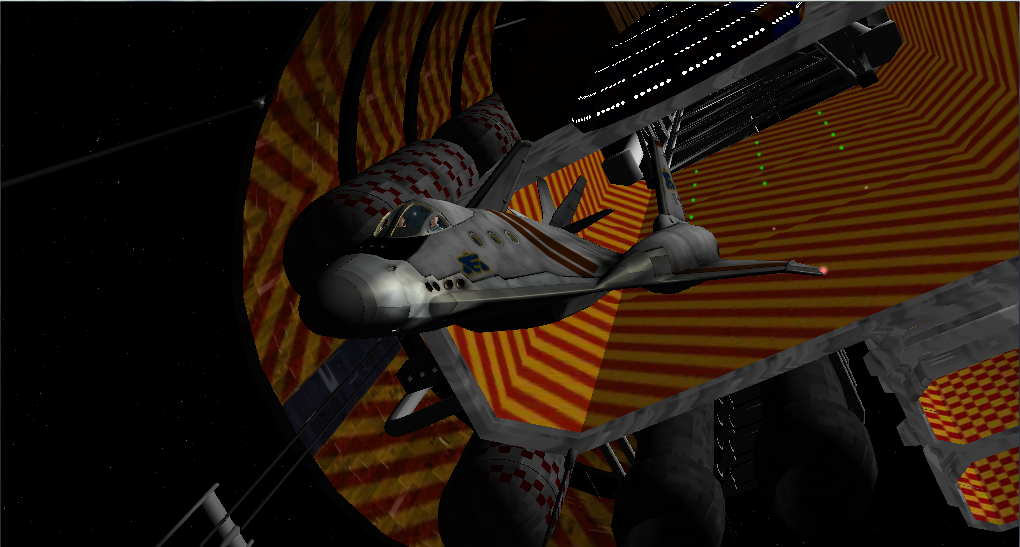 EAS Ravenstar leaving the main hangar of the deep space exploration vessel EAS Cortez from the Babylon 5 universe.