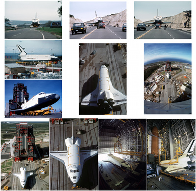 Enterprise goes to Space Launch Complex 6

The Enterprise, NASA's prototype space shuttle orbiter, rides a special 76-wheel motorized trailer over the