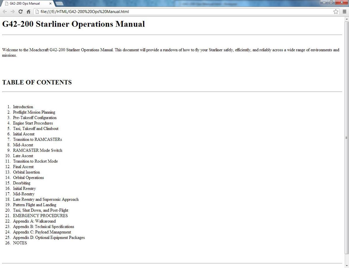 First peek at my G42-200 Operations Manual HTML file in its public form, as seen through Chrome.