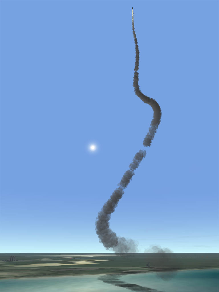 First test with nonzero wind velocities - shuttle contrail dispersed by altitude-dependent wind vectors.