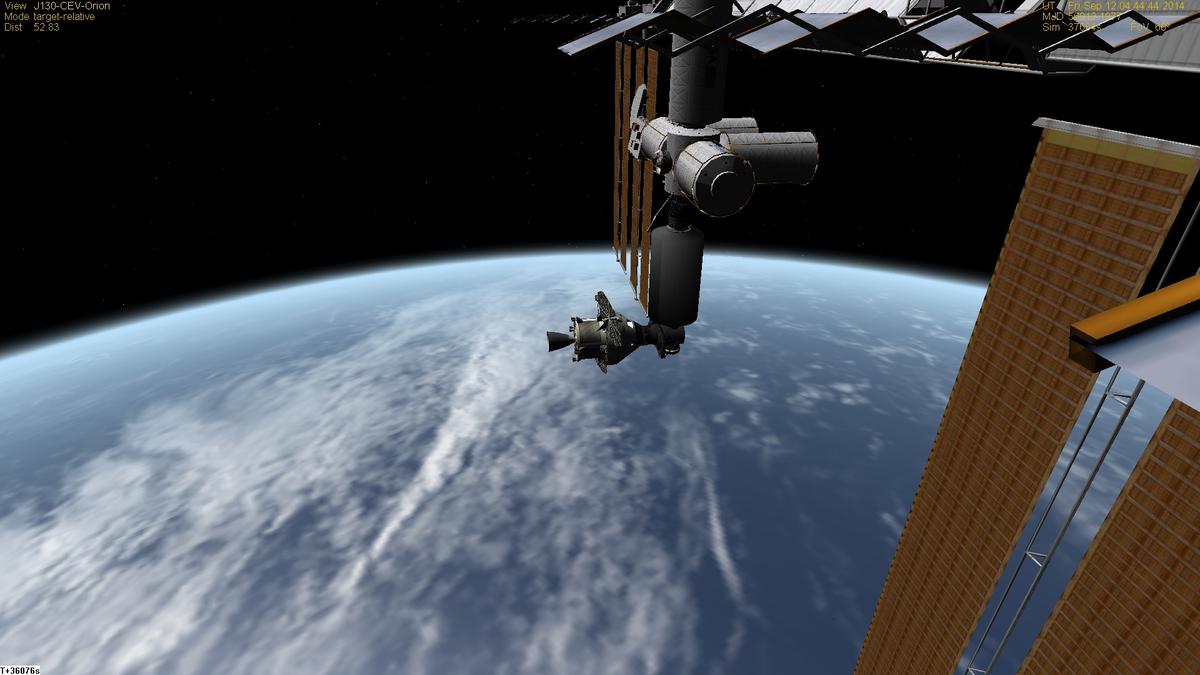 Jupiter130 Orion pushes 25mT Destiny-sized module.  Arrived with 60% fuel remaining, plenty to redock at the zenith payload port.