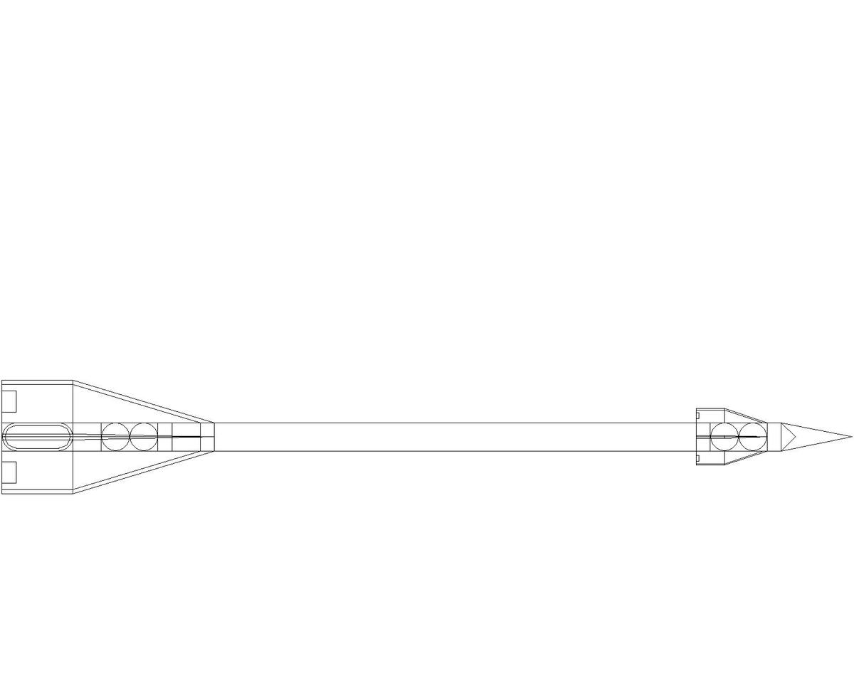 KEW line drawing on AutoCAD 2012. Circles are propellant tanks for the future thrusters, and the double-walled oval is a SRM for deorbit.