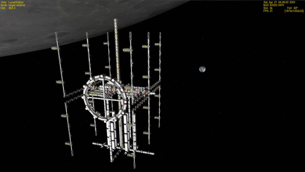 Lunar Station After Mission 106 with Earth and Moon in background showing FPS