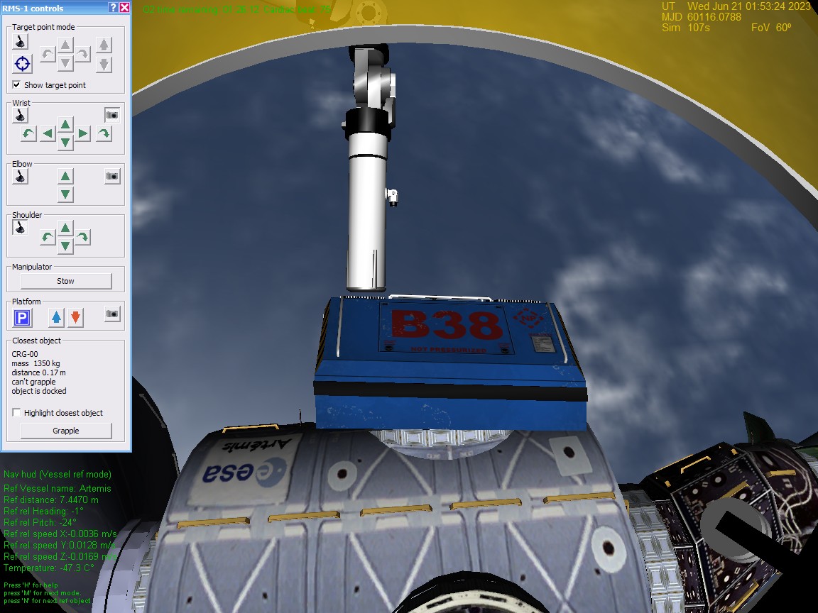 Mission 5 - Capt. Hurley spots for the RMS operator as he sets the cargo module onto the Artemis hub.