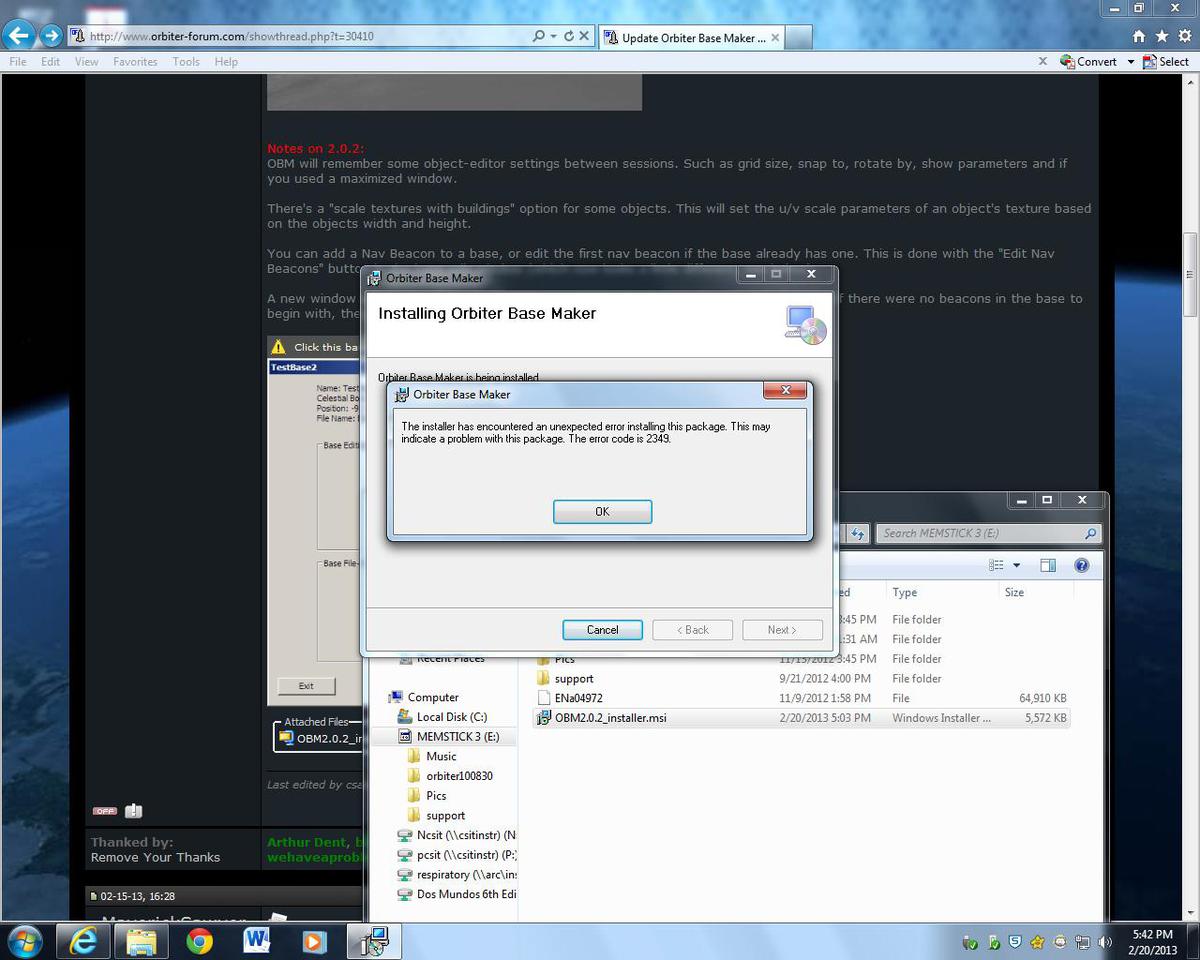 Orbiter Base Maker 2.0.2 installer error window. Error code is 2349.