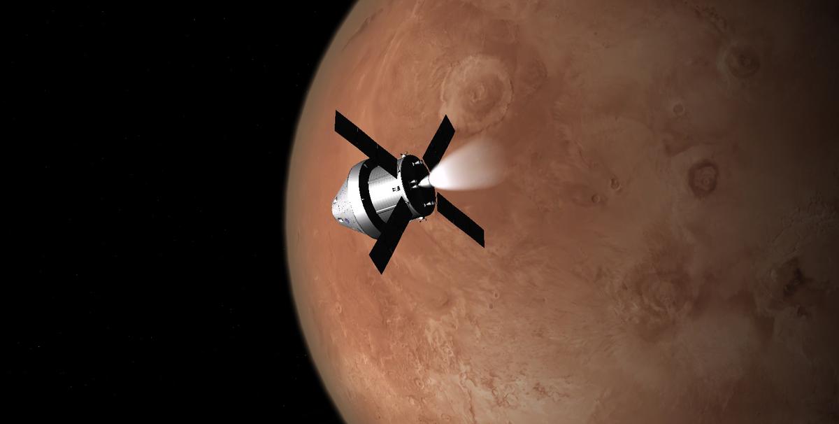 Orion burning with Mars in the background.