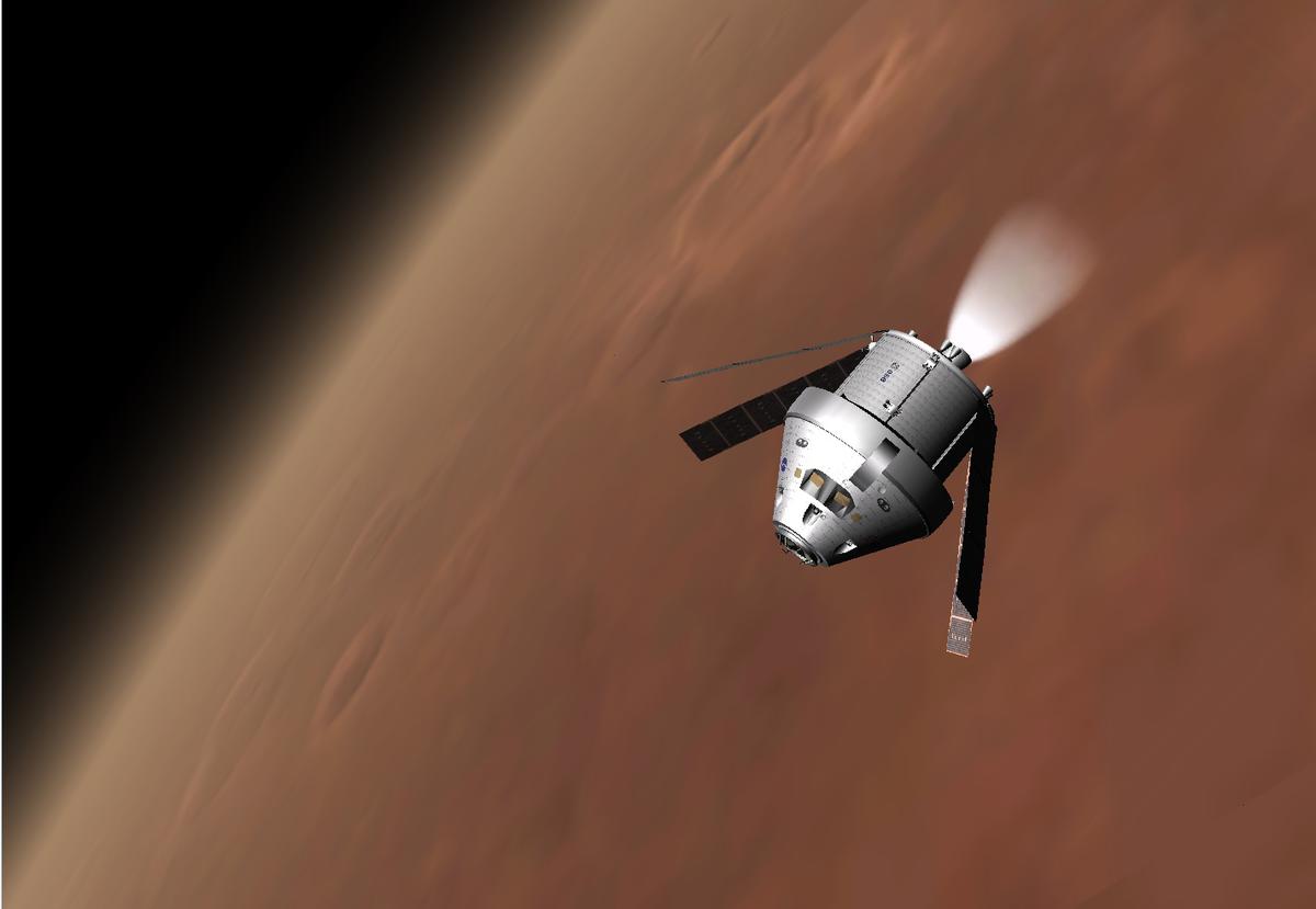 Orion MPCV during orbital maneuver burn operation.