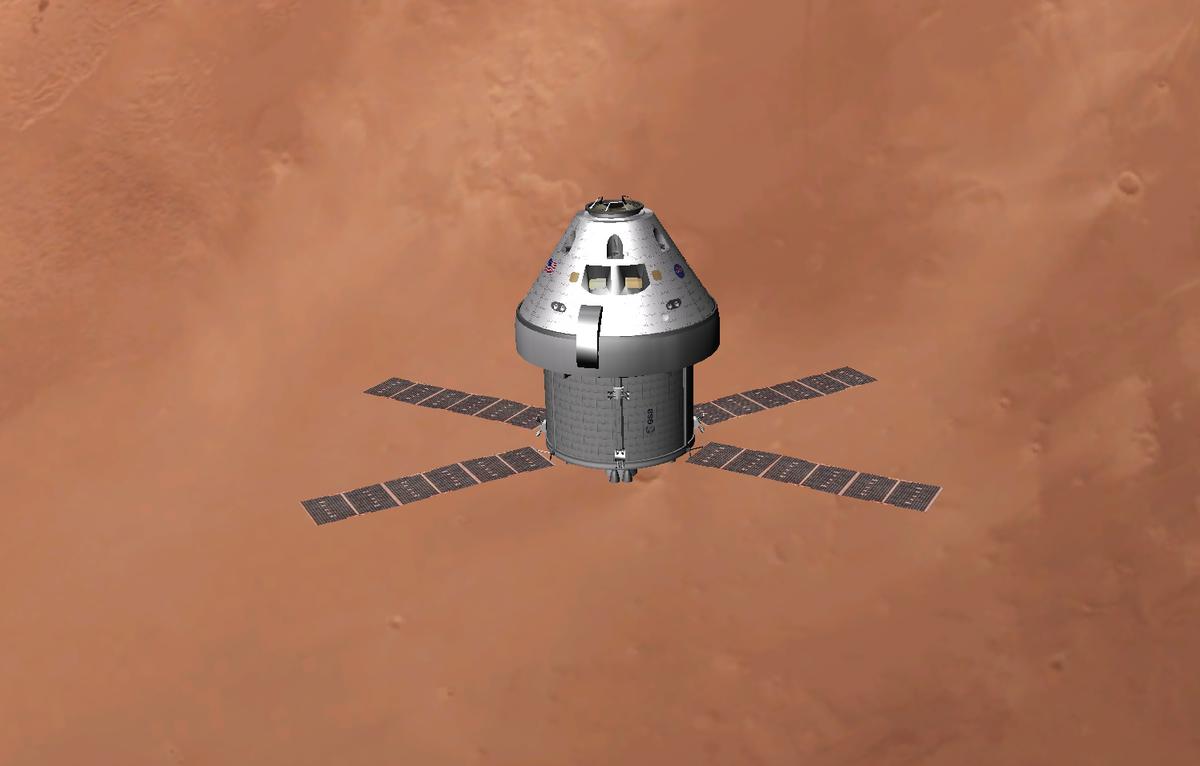 Orion MPCV over the Martian terrain.