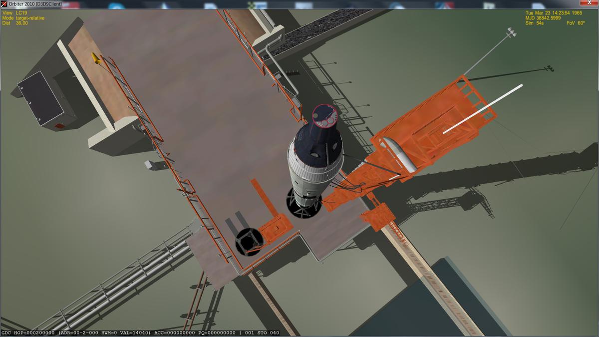 Project Gemini Ultra Alpha-GT3 "Launch Pad Test"

Gantry had been removed because of mesh issues. Debug Line shows OBC program execution status.

Mesh