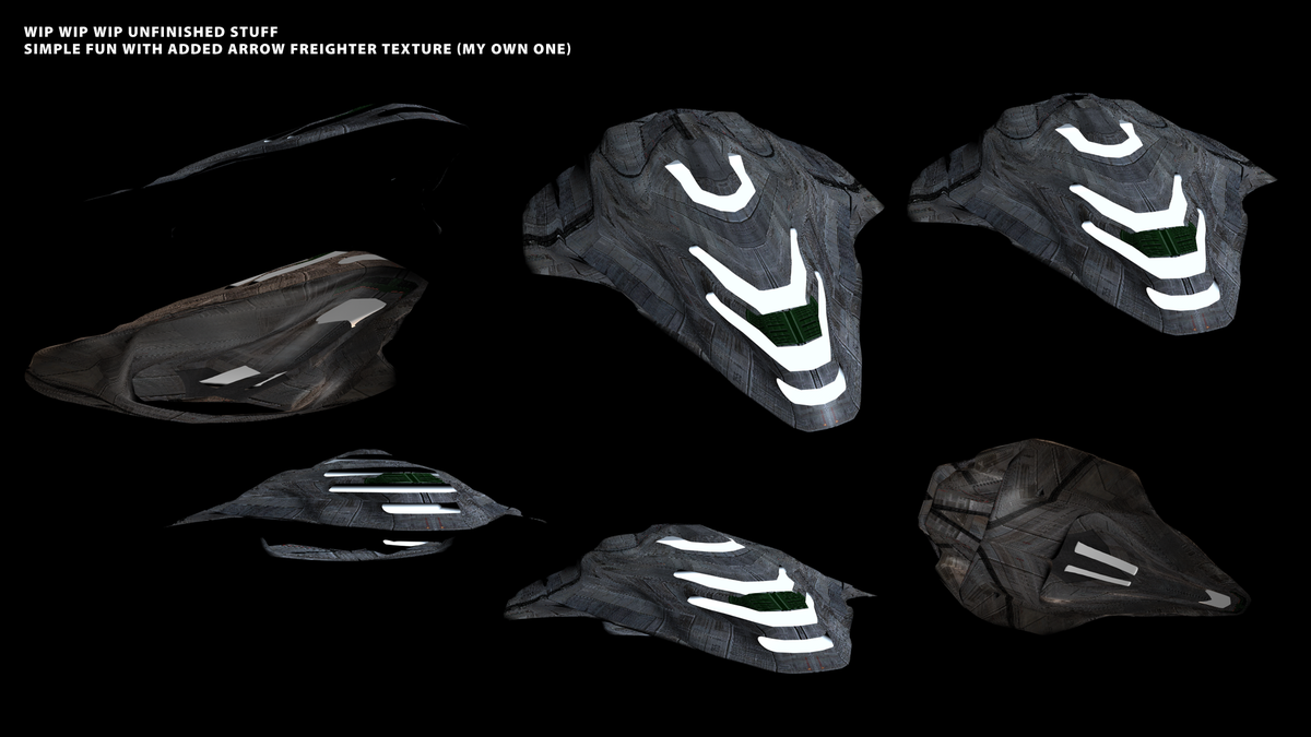 Simply playing around adding a random texture (my own Arrow Freighter texture). Texture-Mapping can be titled as 'failed' ;)