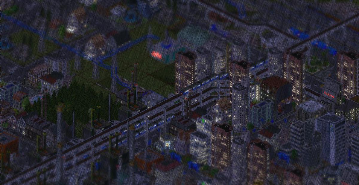 Simutrans monorails in a rainstorm