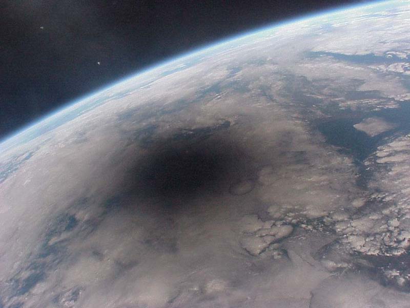 Solar eclipse shadow on earth in 1999.
As seen from MIR.