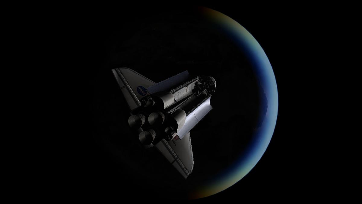 Space Shuttle Atlantis in high ecliptical orbit.
This is a unreal scenario. It was some fuel left after MECO, so I checked how high I could get. This 
