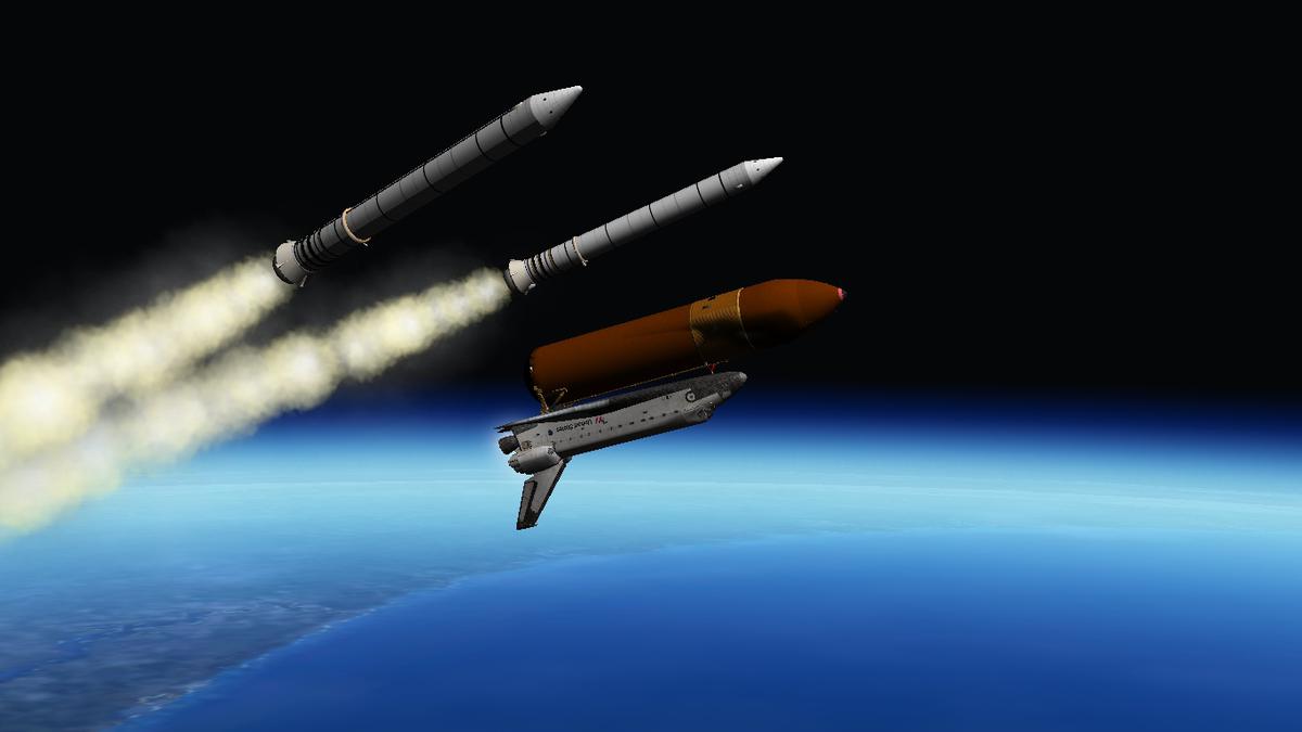 Space Shuttle Columbia SRB seperation.
Add-ons used: Shuttle Fleet V4.8, Orbiter Atmospheric Visual Enhancement V3 and Earth L10.