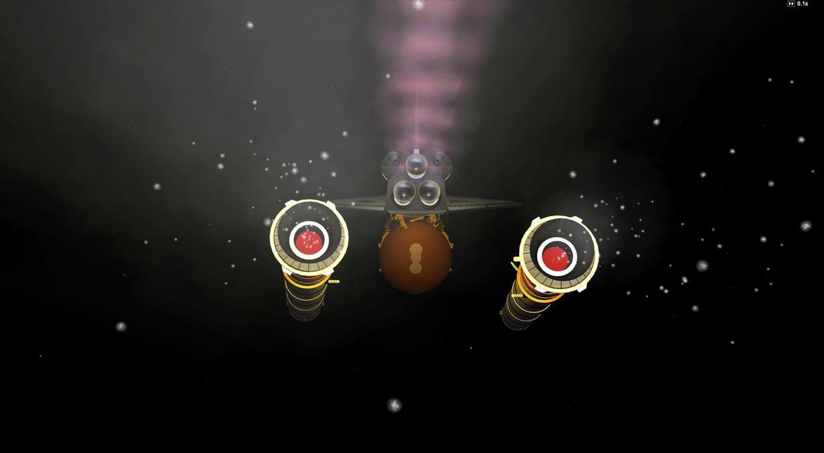 SRB SEP! The 2 solid rocket boosters have depleted all their solid fuel and separated from the orbiter while the 3 SSMEs are still throttoling at 104%