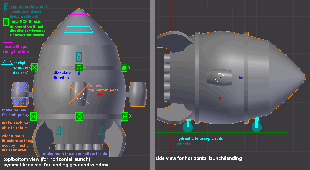 The 2nd version model by Robsoie in Blender annotated with modifications done, some to be done for a second "shuttle" version.

The "tailsitter" model