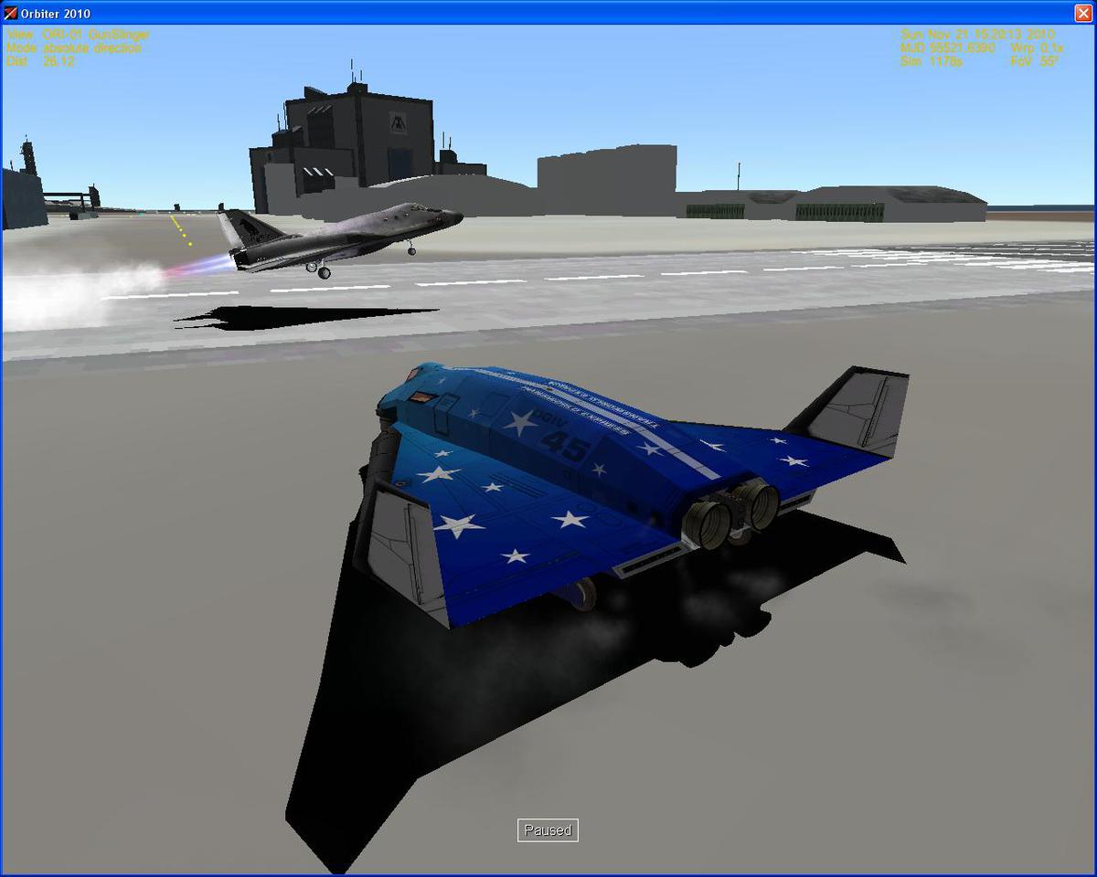 The Delta-Shuttle nicknamed "GunSlinger" taxiing out to the runway just as an Altea Aerospace Falcon Takes off