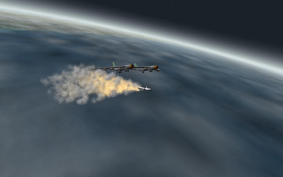 The Icarus riding on a recycled Peacekeeper 1st stage with 3 boosters firing.  Taken seconds after release from the Daedalus.