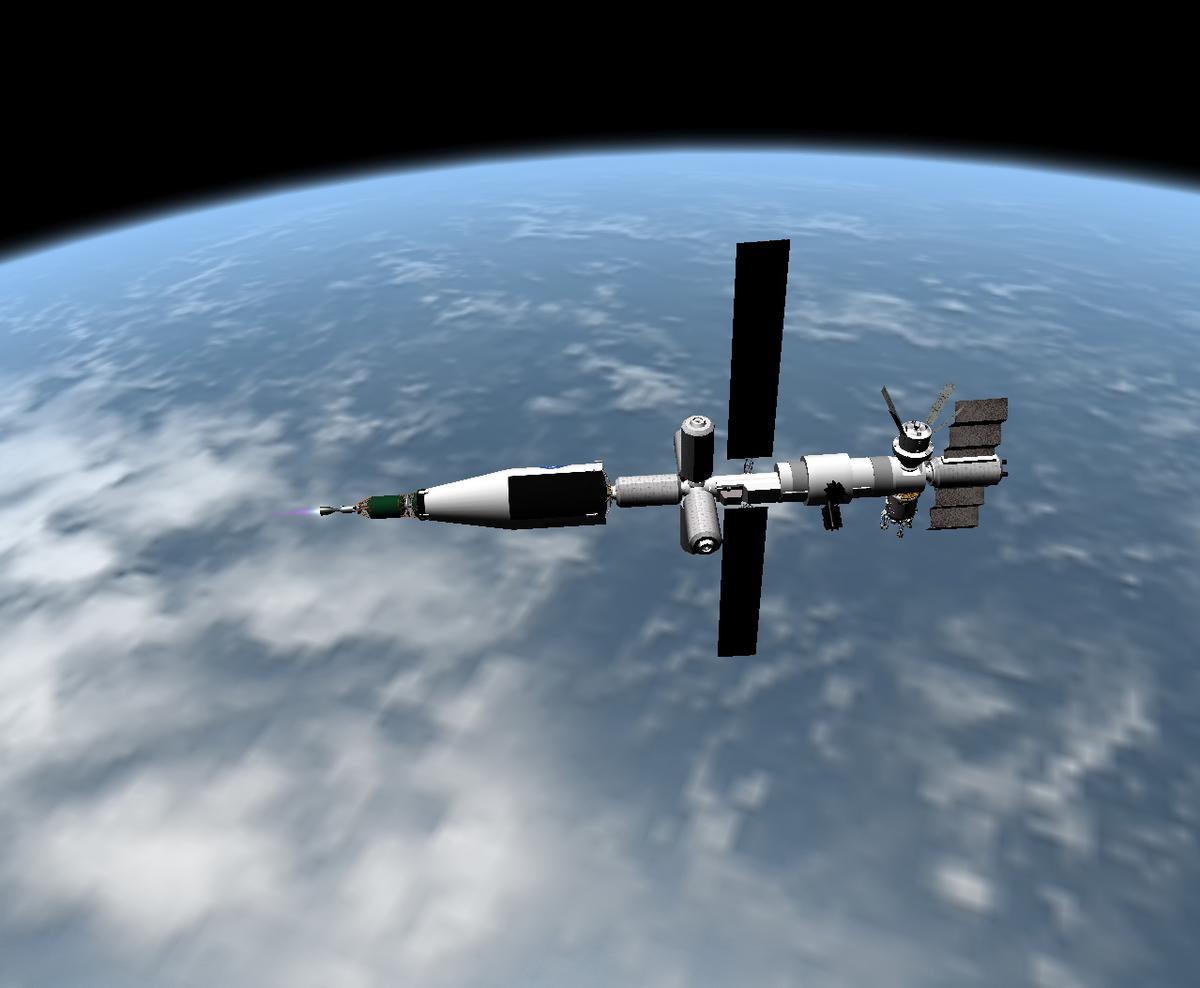 The Martian Orbital Habitat Vehicle stack. On the back is the RNS booster, making the initial burn for Mars.