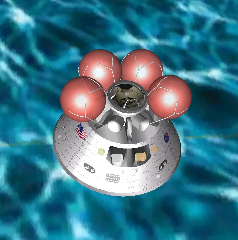 The Orion CM drifting in the ocean, concluding the end of the 10 day EF-3 mission.