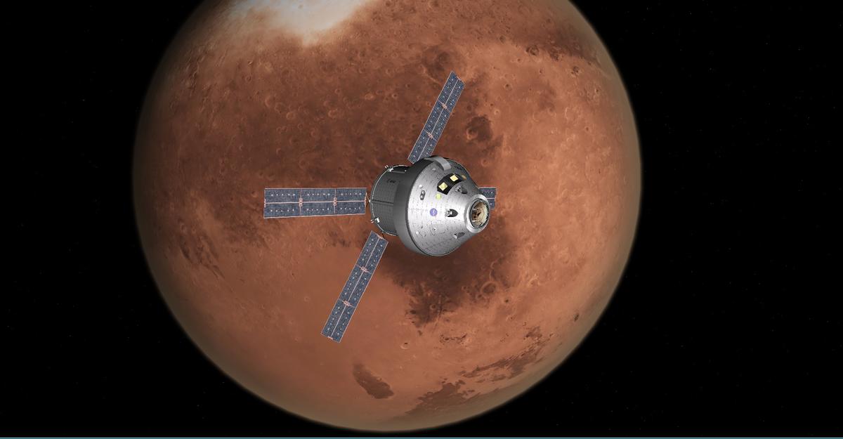 The Orion MPCV in a high orbit during the Phobos exploration part of the mission.