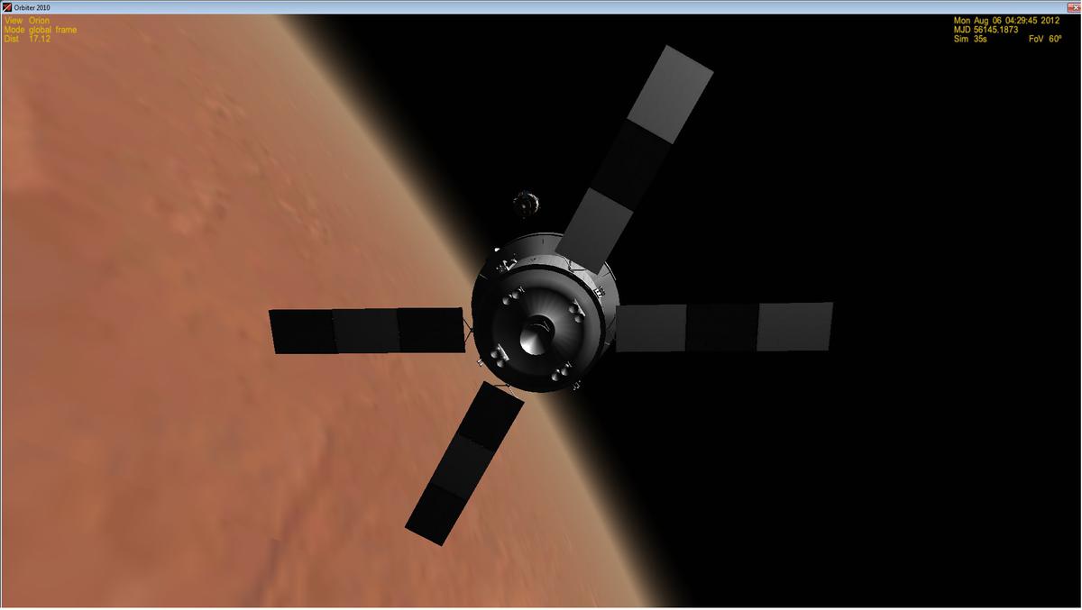 The Orion MPCV on rendezvous with the MTV Lander after MTV abort launch sequence.