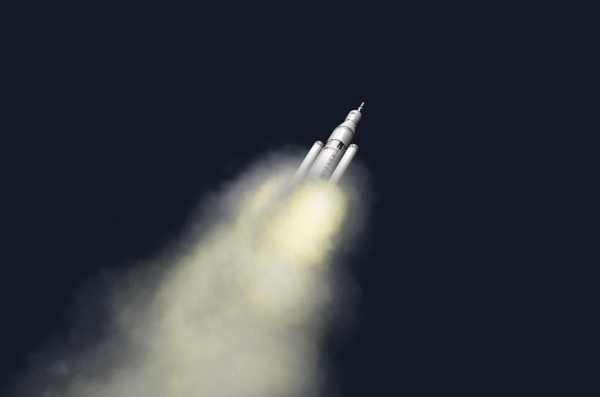 The Space Launch System rocket propelling the astronauts on the beginning of their journey.