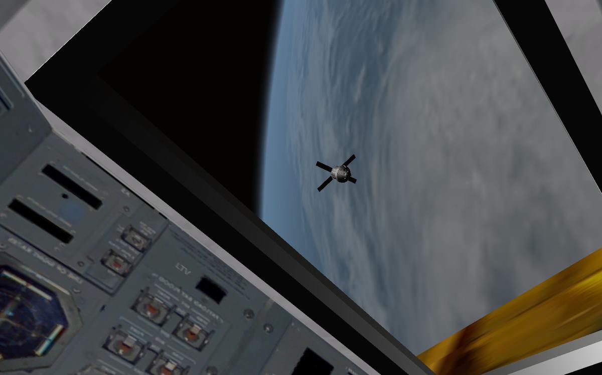 The view from the MTV's docking window of the Orion Multi-Purpose Crew Vehicle.