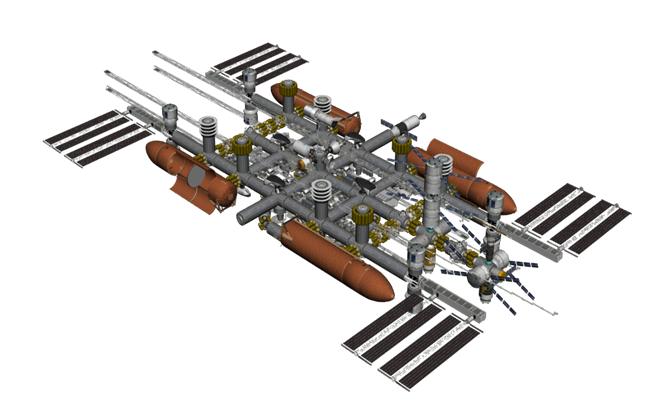 This is the top or Zenith view of the station. You can clearly see other add-ons docked to the station including the ATV, HTV, Dragon, and Orion vehic