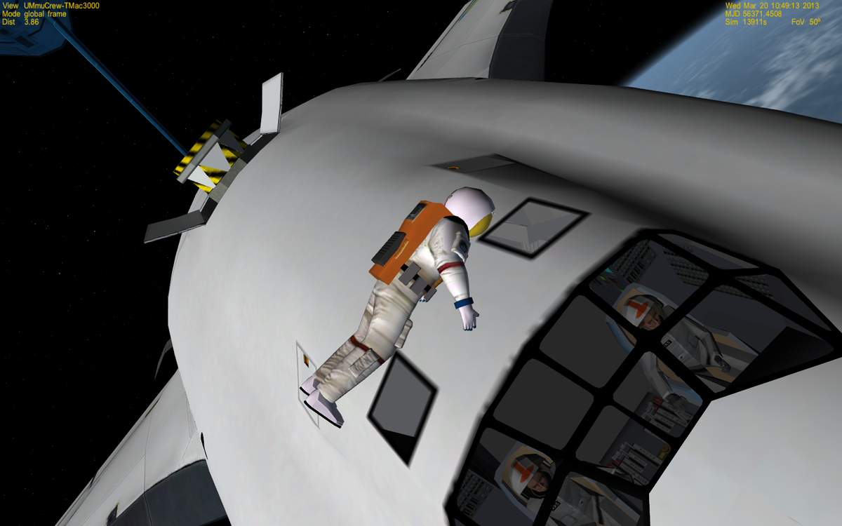 TMac3000 having some fun and knocking at the cockpit window of Chronus. Indy91 and Astrosammy try to concentrate and fly the ship.